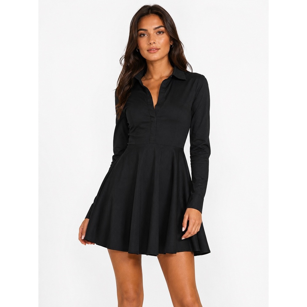 Express Womens Black Long Sleeve Fit and Flare Shirt Dress Size 2 Pockets‎